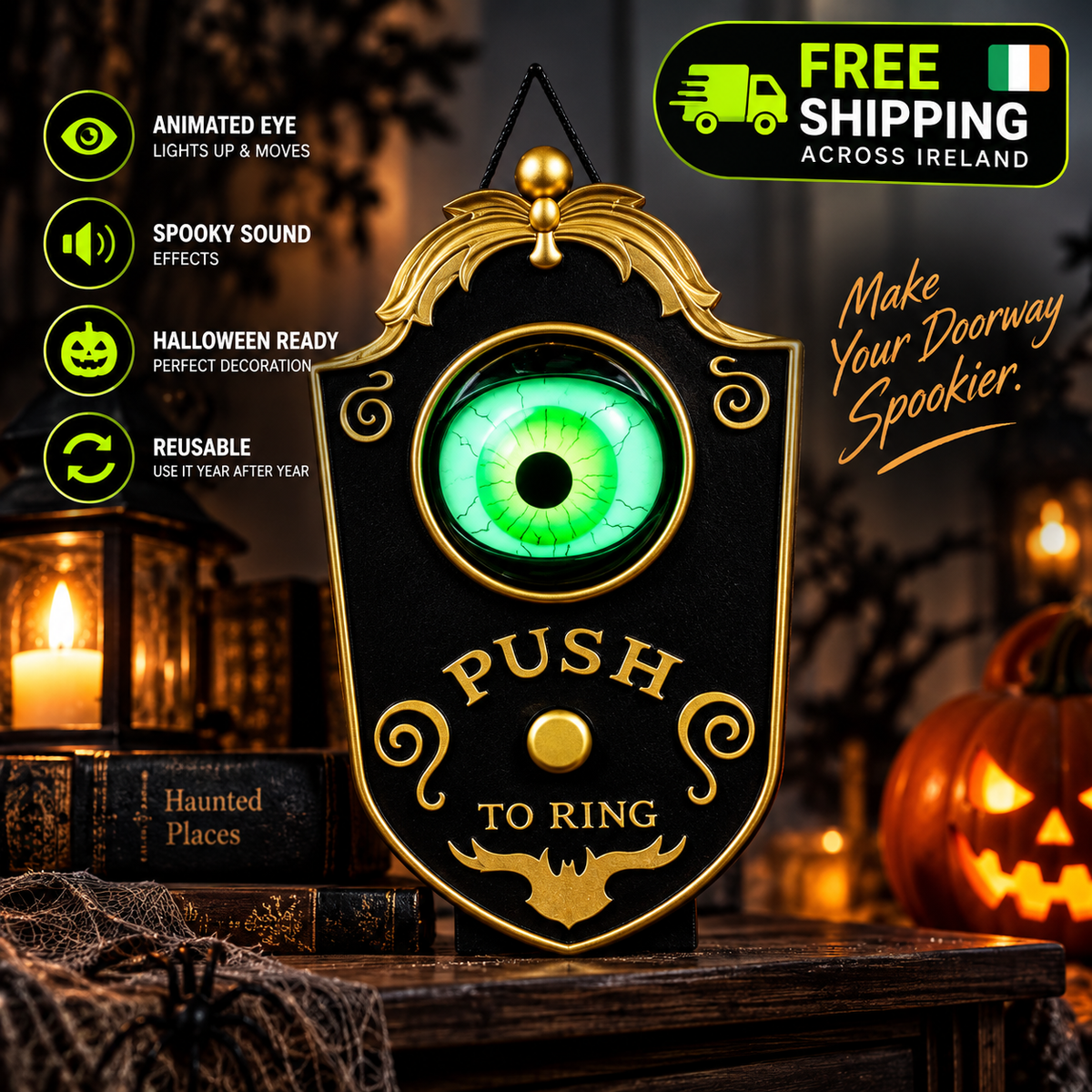 👁️ EyeGlow™ Haunted Doorbell — Light & Sound Halloween Decoration 🎃