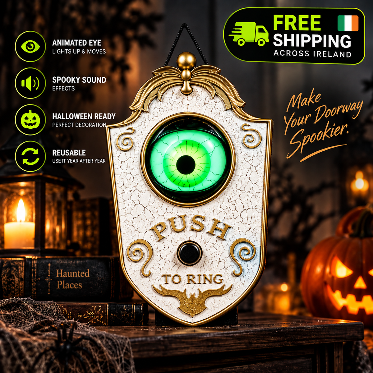👁️ EyeGlow™ Haunted Doorbell — Light & Sound Halloween Decoration 🎃